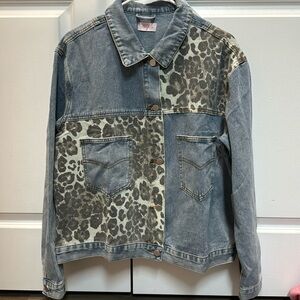 Pink Lily denim jacket with leopard print detail